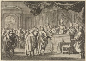 Reformierte in Ungarn vor einem Gericht von Bischöfen und anderen Katholiken, 1670 von Jan Luyken