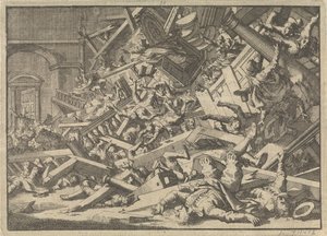 Eingestürzte Galerie während einer katholischen Gottesdienstübung im Haus des spanischen Gesandten in London, 1623 von Jan Luyken