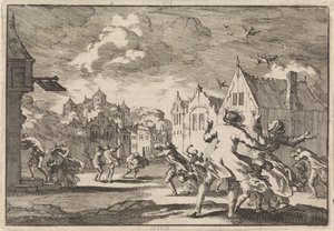 Dorfbewohner bei Schloss Luchow in Lüneburg werden von einem Wirbelsturm überrascht, bei dem die Vögel tot vom Himmel fallen, 1671 von Jan Luyken