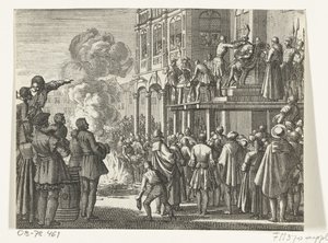 Jacob van Campen mit Mitra auf dem Schafott in Amsterdam, 1535 von Jan Luyken