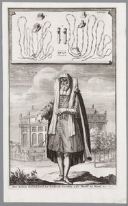 Jüdischer Mann, gekleidet zum Gebet. Im Hintergrund die Portugiesische Synagoge von Amsterdam von Jan Luyken