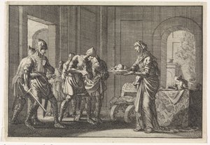 Mutter zeigt Kriegern die Überreste ihres gegessenen Kindes während der Hungersnot in Jerusalem, 1704 von Jan Luyken