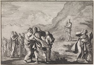 Moses empfängt die Gesetzestafeln und zeigt sie dem Volk
