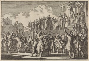 Straßenszene in Aberdeen, in der die katholische Religion verspottet wird, 1689 von Jan Luyken