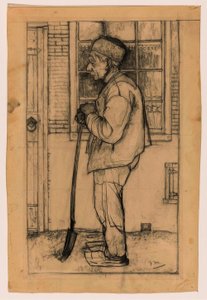 Douwe im Profil, mit einem Spaten vor einem Haus stehend von Jan Mankes