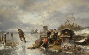 Kinder spielen auf einem zugefrorenen See in einer Winterlandschaft