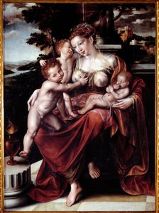 Allegorie der Nächstenliebe (Frau füttert mehrere Babys) von Jan Massys or Metsys