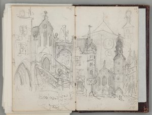 Münchner Skizzenbuch von Jan Matejko. Einseitige Zeichnung. Vorderseite: Studie des alten Marienplatzes in München und Turmstudie. von Jan Matejko