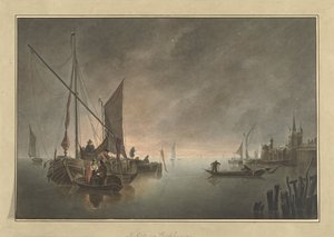 Schiffe vor einer ummauerten Stadt bei Sonnenuntergang von Jan Matthias Cok