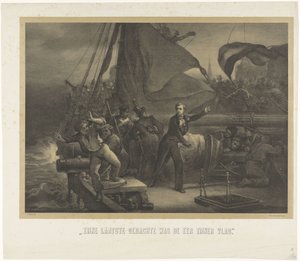 Jan van Speijk im Begriff, die Lunte in den Laderaum zu werfen, 1831 von Jan Mesker