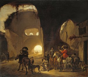 Falkenjäger vor einem Gasthaus in einer Ruine