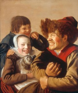 Ein zähnefletschender Mann mit Hund und ein Mädchen mit Katze