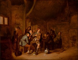 Figuren rauchen und musizieren in einem Gasthaus