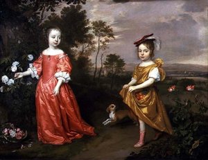 Zwei Kinder und ein Hund in einer Landschaft von Jan Mytens or Mijtens