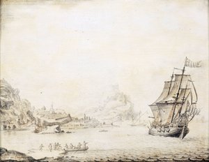 Ein britisches Schiff vor der Küste von Satalia (Türkei), 1677, umgeben von einer felsigen Küste, mit antiken Stadtmauern und Minaretten von Jan Peeters