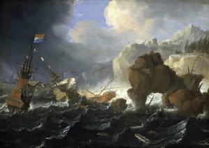 Ein niederländisches Schiff und eine Galeone laufen bei Sturm auf einer felsigen Küste auf Grund. Öl auf Holz, von Jan Peeters (1624-1677).