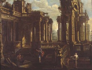 Capriccio klassischer Ruinen mit einem Krieger, einem Satyr und Amor, der eine Nymphe jagt