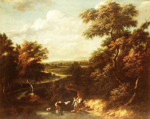 Weitläufige bewaldete Landschaft mit einem Hirten und einem Bauernmädchen von Jan Philip Spalthof