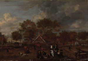 Bauernhof mit dem Gutsherrn und seiner Frau und dem Maler im Vordergrund von Jan Pietersz Opperdoes