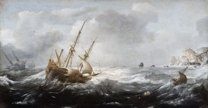 Schiffe in einem Sturm an einer felsigen Küste (1614-1618)