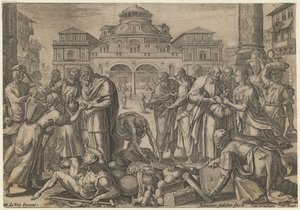 Die Apostel verteilen das Geld an die Bedürftigen, ca. 1600 von Jan Sadeler