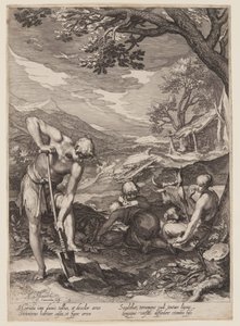 Adam und Eva bei der Arbeit, aus der Geschichte der ersten Eltern der Menschheit von Jan Saenredam