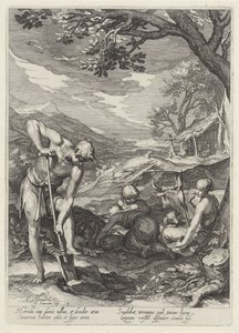 Adam und Eva bei der Arbeit außerhalb des Paradieses