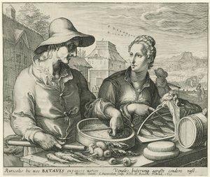 Bauer und Bäuerin bei einem Marktstand von Jan Saenredam