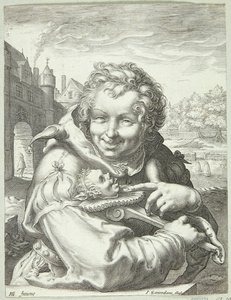 Lächelnder Narr mit einer Marotte von Jan Saenredam
