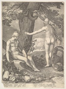 Eva gibt Adam die verbotene Frucht, aus Die Geschichte von Adam und Eva von Jan Saenredam