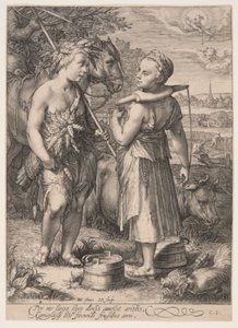 Sommer (Junge mit Weizengarben und Mädchen mit Joch), aus Die vier Jahreszeiten von Jan Saenredam