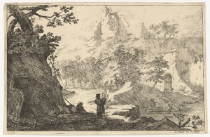 Landschaft mit Ruinen einer Burg auf einem Hügel, frühes 18. Jahrhundert von Jan Smees
