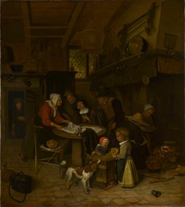 Eine Szene in einer Bauernküche mit einem Diener, der den Tisch deckt von Jan Steen