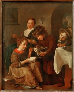 Kinder bringen einer Katze das Lesen bei von Jan Havickszoon Steen