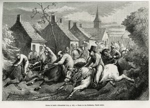 Ochsenrennen in Braesschaet, Dorf im Polder, um das Tier zu feiern, das bei allen schweren Arbeiten eingesetzt wird, es wird dann mit Blumenkränzen geschmückt, von seinem Vieh bestiegen für ein Rennen durch das Dorf und unter dem Jubel der Menge. Gravur vo