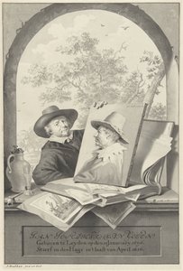 Mann mit einer Mappe mit Zeichnungen und einem Porträt von Jan van Goyen von Jan Stolker