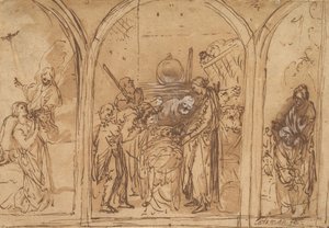 Entwurf für ein Triptychon mit der Anbetung der zwei Heiligen, frühes 17. Jahrhundert von Jan Symonsz. Pynas