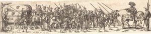Truppe von Soldaten, vorne ein Offizier zu Pferd