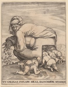 Der Mann mit dem Geldbeutel und seine Schmeichler von Jan Theodor de Bry after Pieter Bruegel the Elder