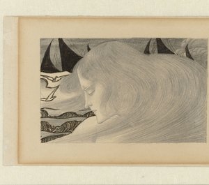 Junge Frau mit welligem Haar vor einem Meer mit Schiffen von Jan Toorop