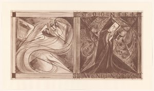 Omslag voor Wendingen met een non met bloemen en twee geesten, waarvan één met een masker in zijn hand von Jan Toorop