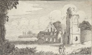 Landschaft mit einer Kirche in Ruinen und zwei Hirten im Gespräch