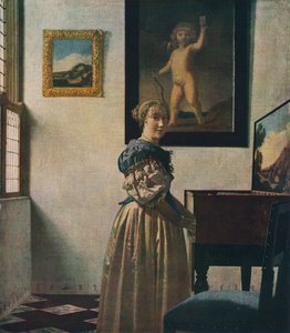 Eine junge Frau steht an einem Virginal, etwa 1670-1672