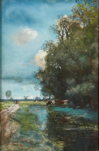 Viehtränke in einer niederländischen Flusslandschaft von Jan Vorlyk