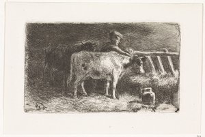 Bauer zwischen zwei Kühen bei einer Raufe im Stall (kleine Variante) von Johannes Martinus Vrolijk