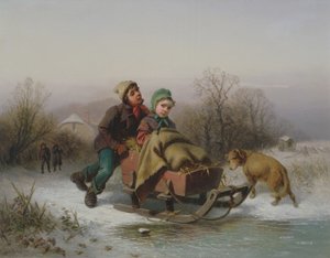 Ein Junge schiebt ein Mädchen auf einem Schlitten von Jan Walraven