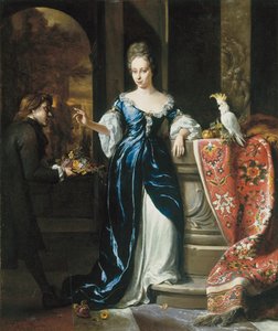 Porträt von Lodewina Schey in einem blauen Kleid, mit einem Begleiter, der Blumen trägt von Jan Baptist Weenix