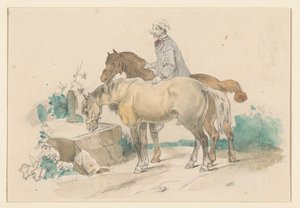 Bauer mit zwei Pferden an einem Wassertrog von Jan Weissenbruch