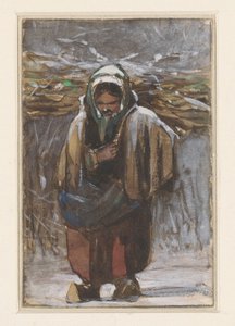 Bäuerin mit Reisigbündel auf dem Rücken in Winterlandschaft