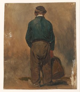Fischer, mit einem Korb in der Hand, von hinten gesehen